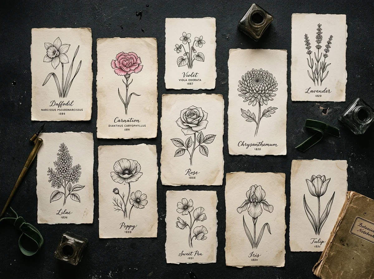 Twelve botanical birth flower studies arranged in a dark editorial flat lay, fine ink detail on cream paper, dramatic side lighting, very dark background, sharp macro detail