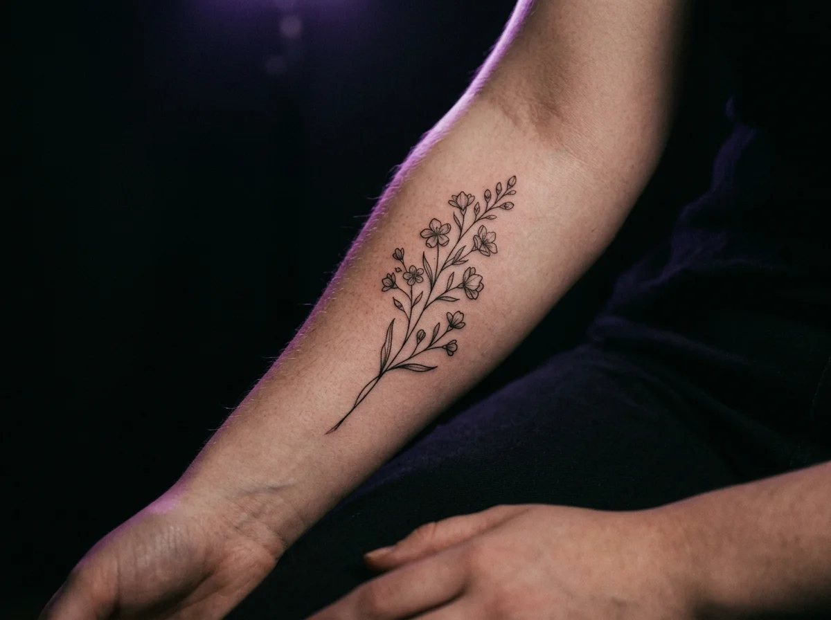 Delicate fine-line botanical birth flower tattoo on bare inner forearm, single arching stem with small bell blooms, dramatic purple rim lighting, very dark background, close-up editorial photography