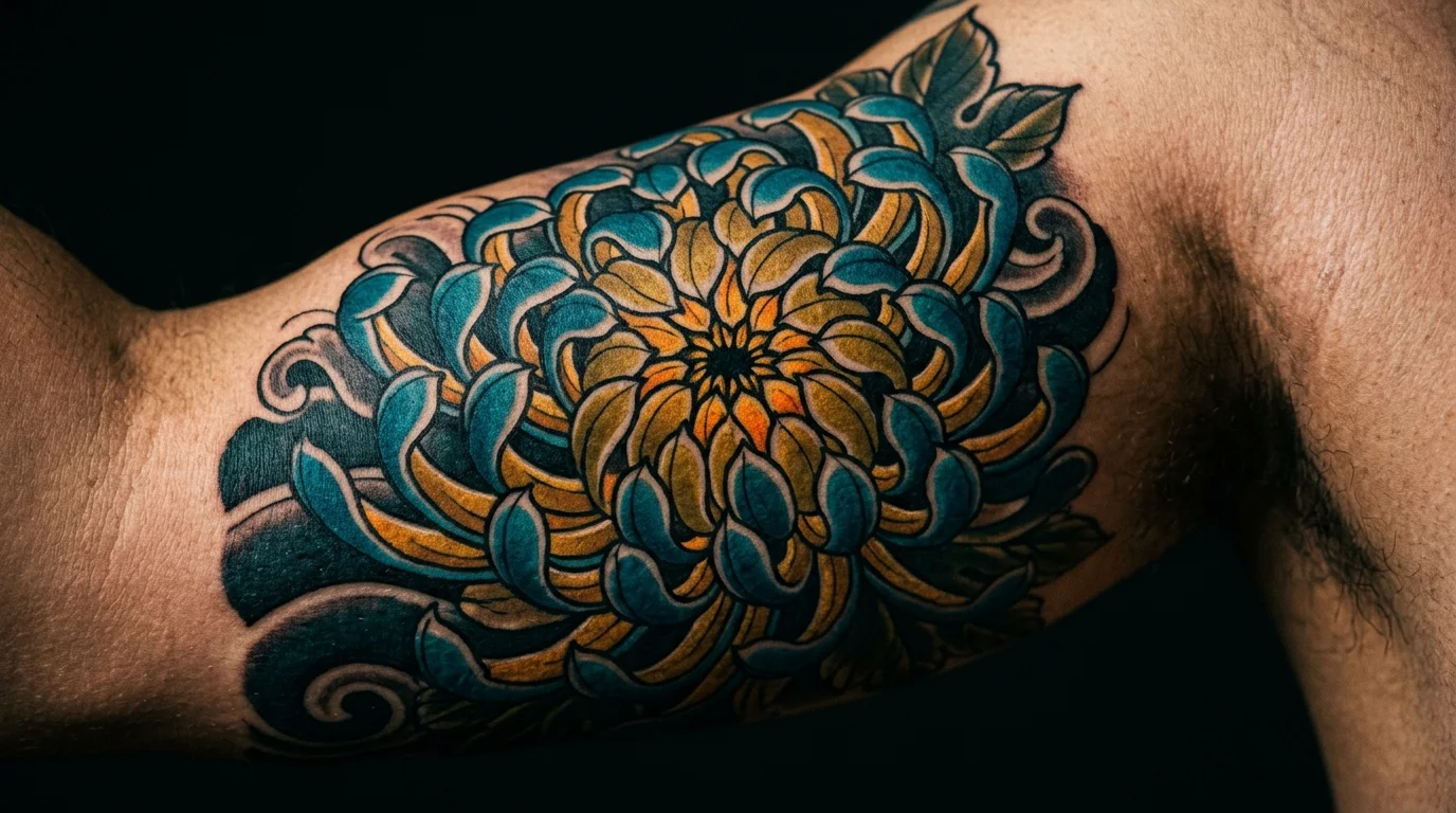 Detailed close-up of a large chrysanthemum tattoo in traditional Japanese irezumi style — deep blue and gold petals with bold black outlines, on upper arm skin, dramatic side lighting, very dark background, cinematic editorial photography, no faces, no text