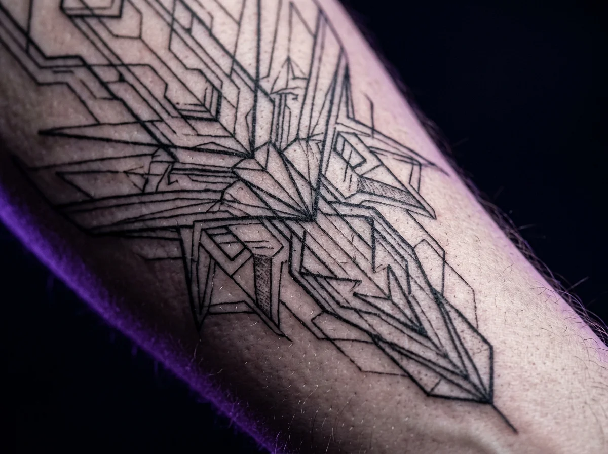 Close-up of cybersigilism-style blackwork geometric tattoo on forearm, ultra-fine angular linework, sharp precise edges, very dark background, purple rim lighting, macro detail, editorial tattoo photography