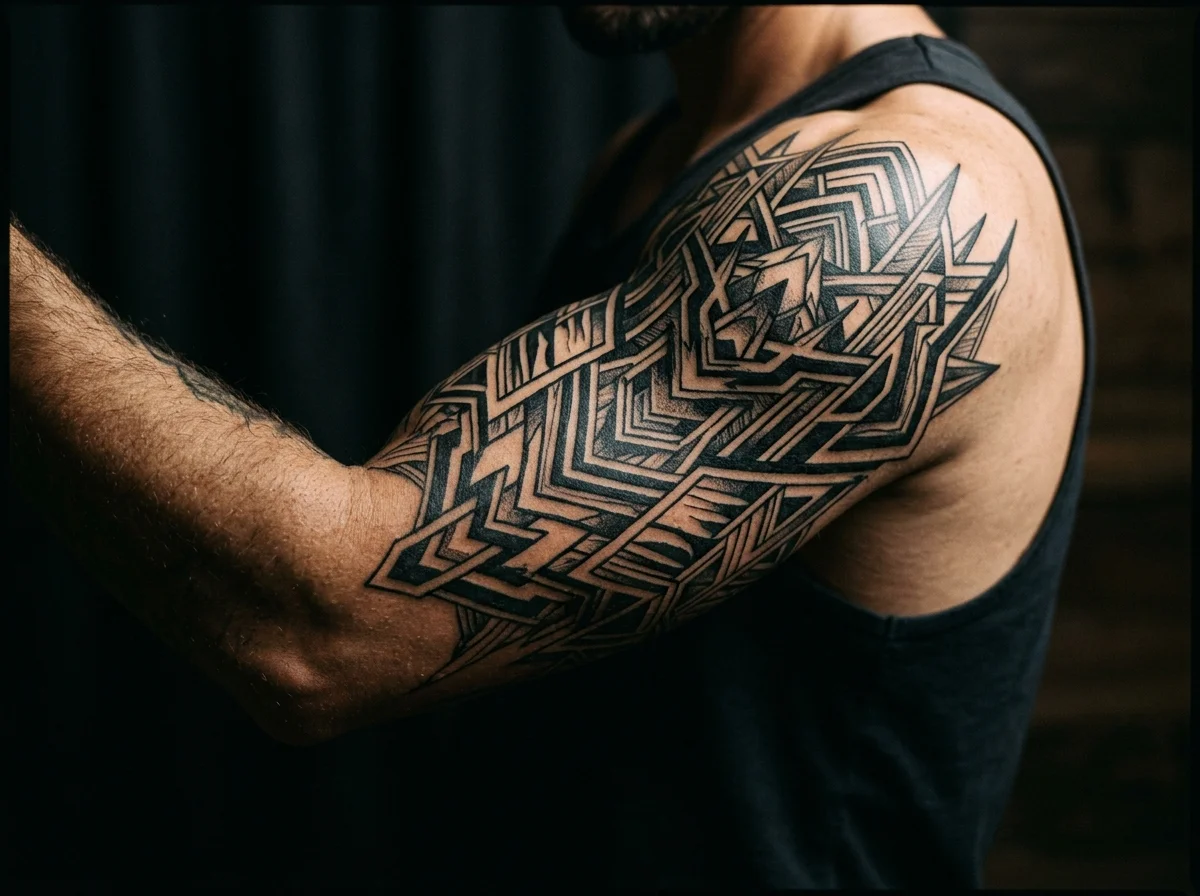 Dark atmospheric image of a persons upper arm with intricate angular geometric blackwork tattoo, dramatic directional side lighting, dark background, skin texture visible, intimate editorial style