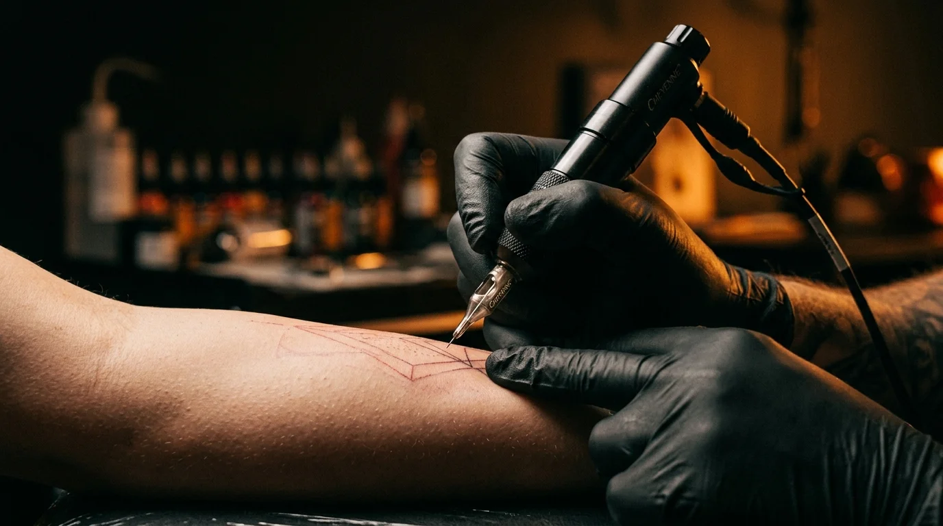Tattoo artist's gloved hand holding a fine tattoo needle close to skin, ultra-precise positioning, warm amber accent light, dark studio background, shallow depth of field, cinematic detail shot