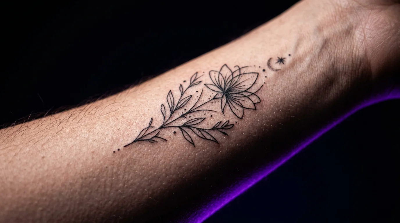 Close-up macro detail of a fine line botanical tattoo on bare skin, dramatic side lighting, dark moody background, ultra-thin ink lines visible against skin texture, editorial photography style