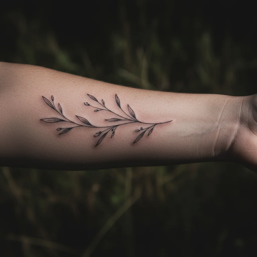 Close-up of a detailed fine-line tattoo on an outer forearm, dramatic side lighting on skin texture, dark moody background