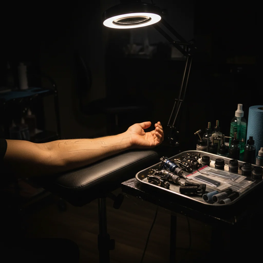 A tattoo artist's workspace with a bright lamp illuminating a forearm, sterile tools arranged neatly, moody dark background with warm light on skin