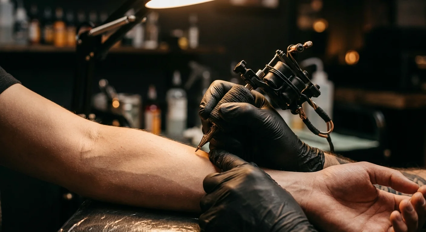 Two hands — one with a tattoo machine, one with bare forearm skin under preparation — photographed in close detail under a bright studio lamp, dark background, warm clinical light, shallow depth of field, no visible faces, editorial style, no text