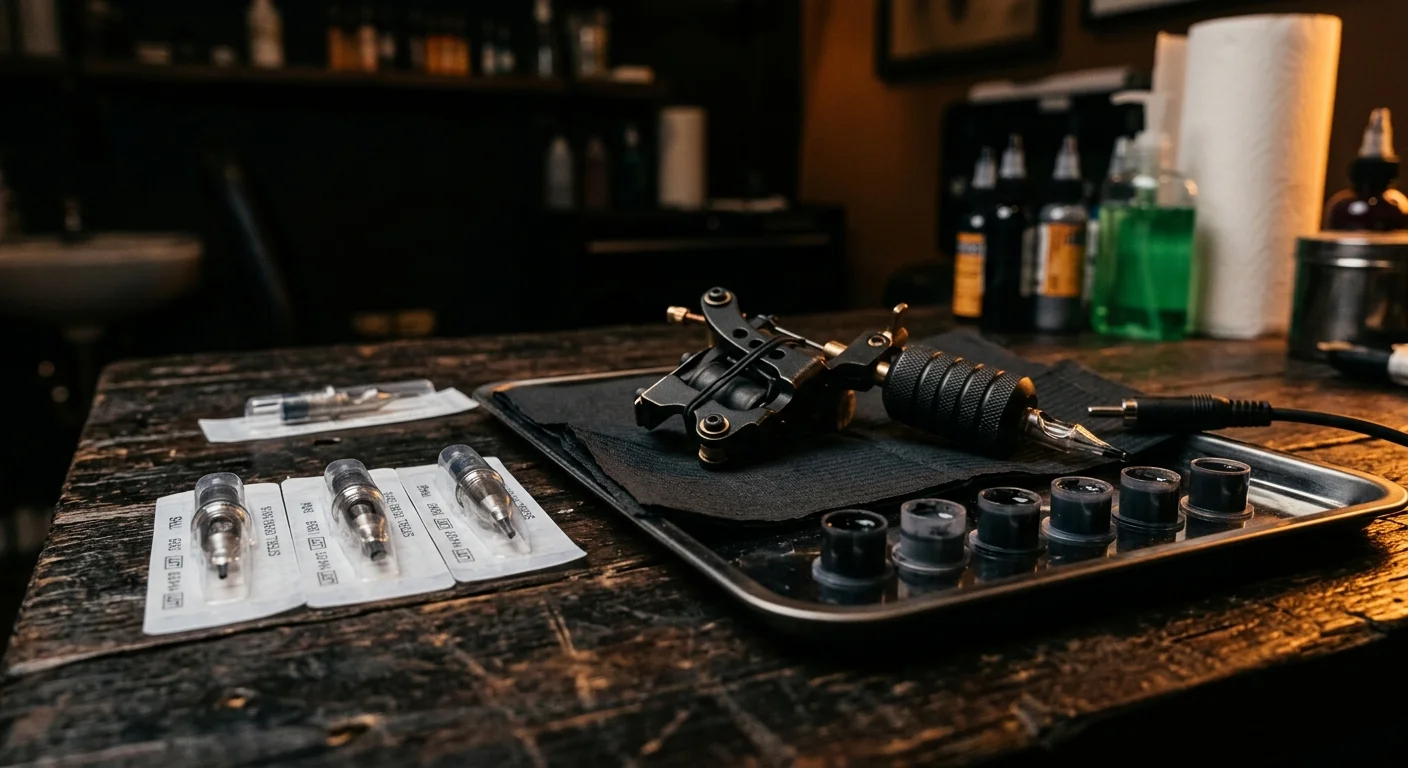 A close-up of a tattoo artist's station with organized tools on a dark surface, dramatic warm lamp light from the side, dark moody studio background, shallow depth of field, cinematic editorial photography style, no text