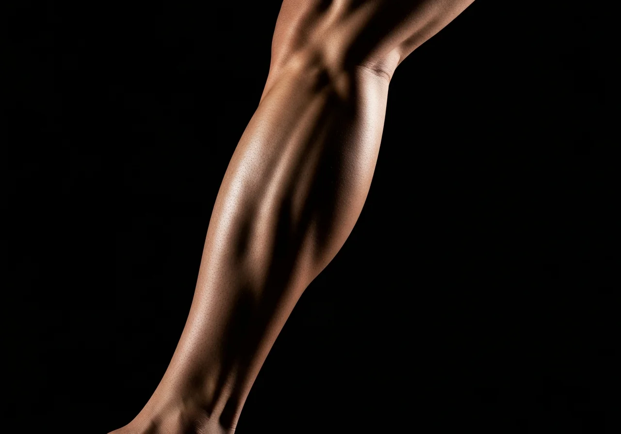 Close-up of calf muscle with dramatic editorial lighting showing placement canvas