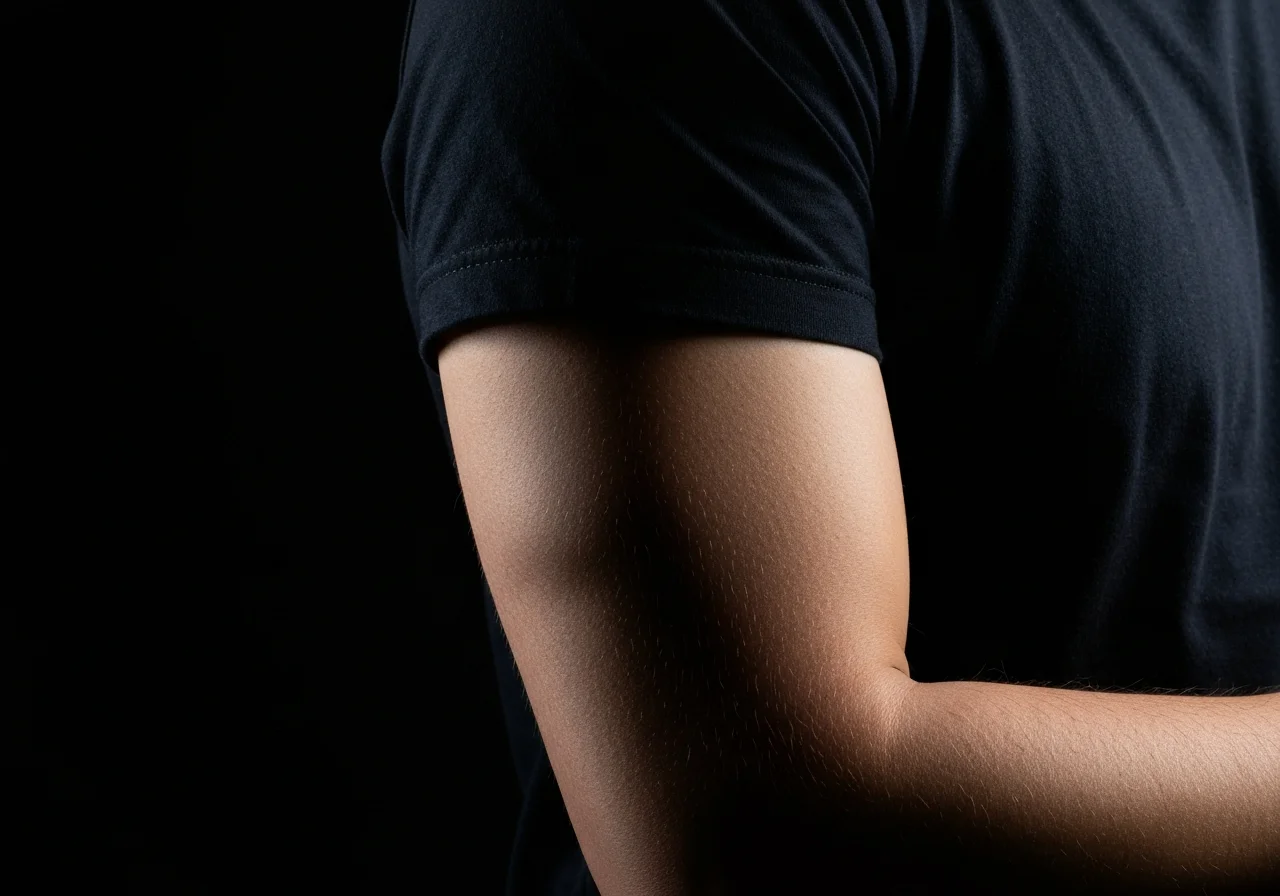 Upper arm in black t-shirt with dramatic side lighting, showing the ideal tattoo placement area