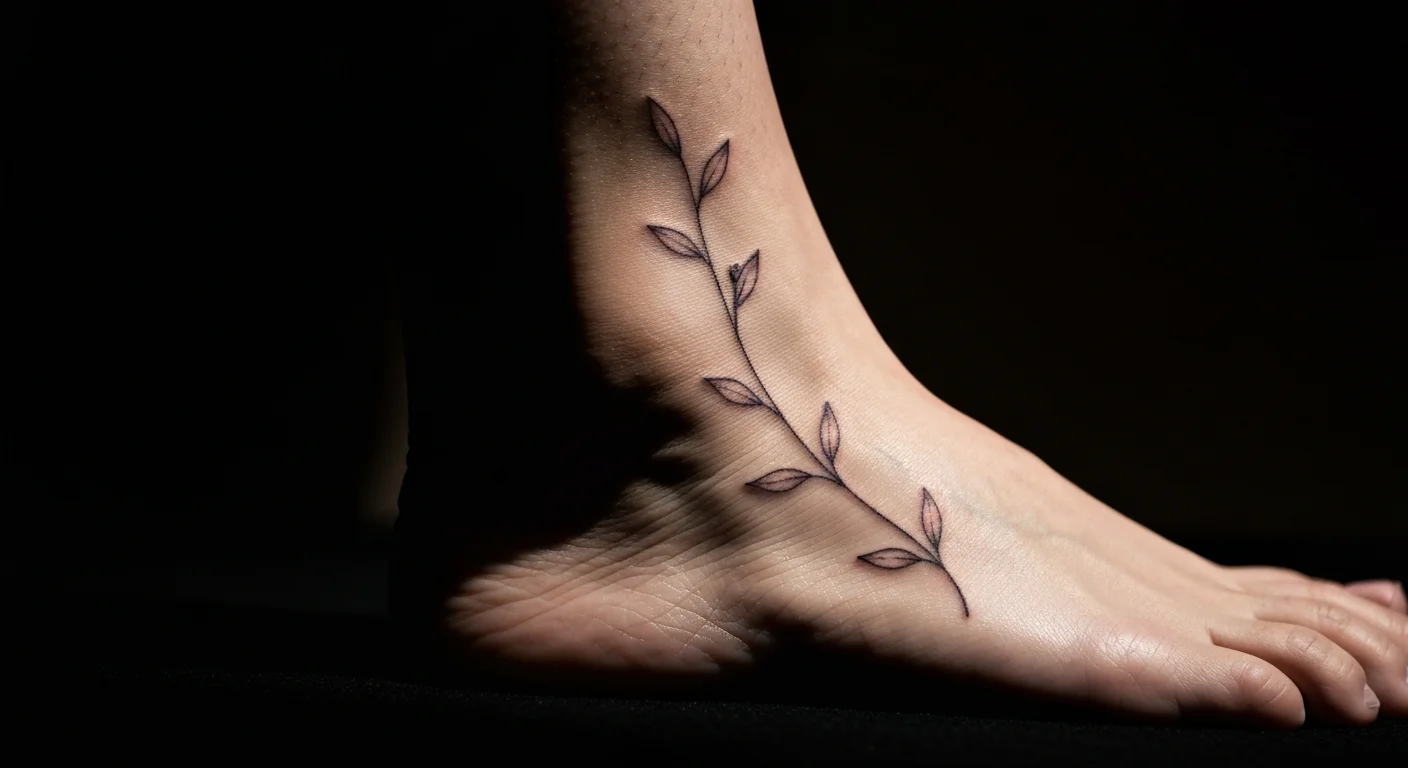 Close-up of ankle with elegant botanical fine-line tattoo, dramatic side lighting, dark background, skin texture visible