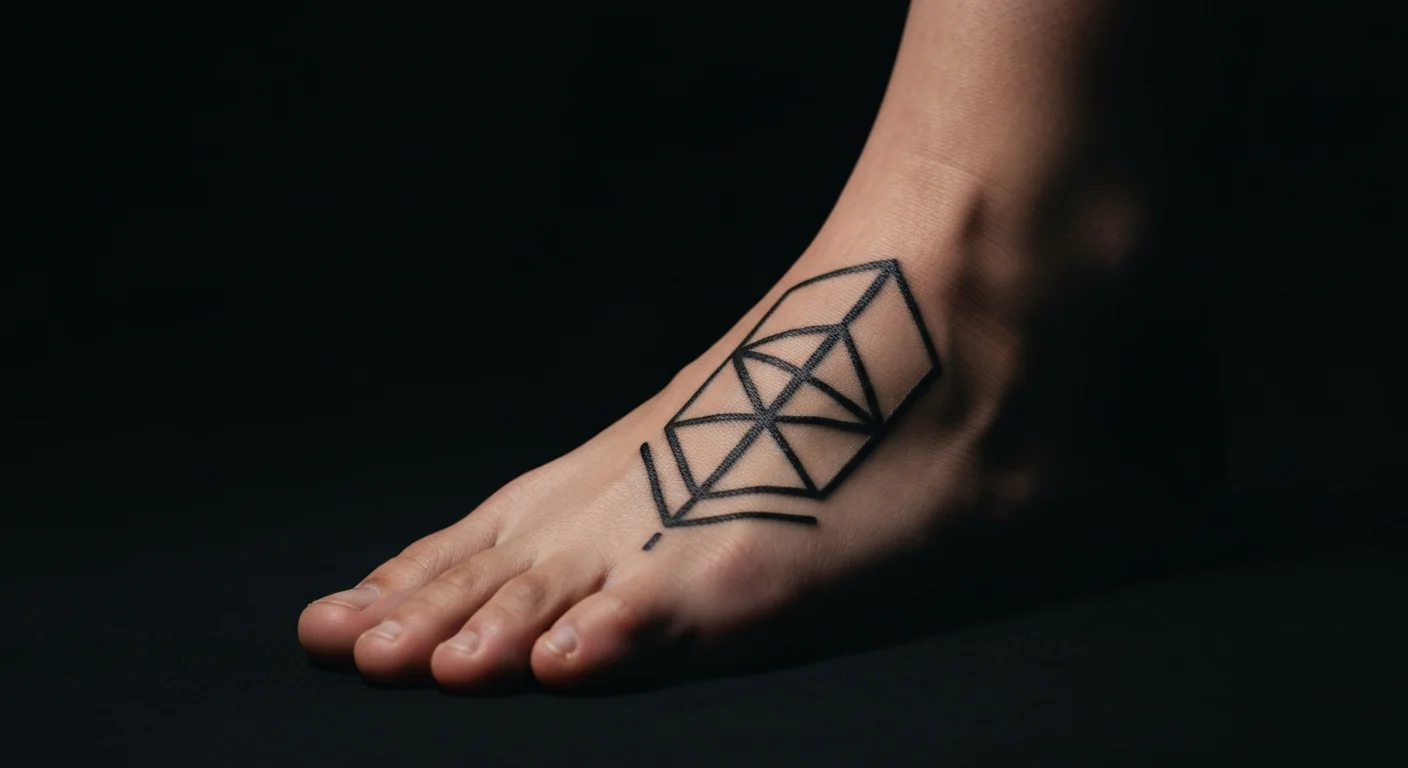 Top of foot close-up with bold minimalist geometric tattoo, dramatic rim lighting, dark studio background