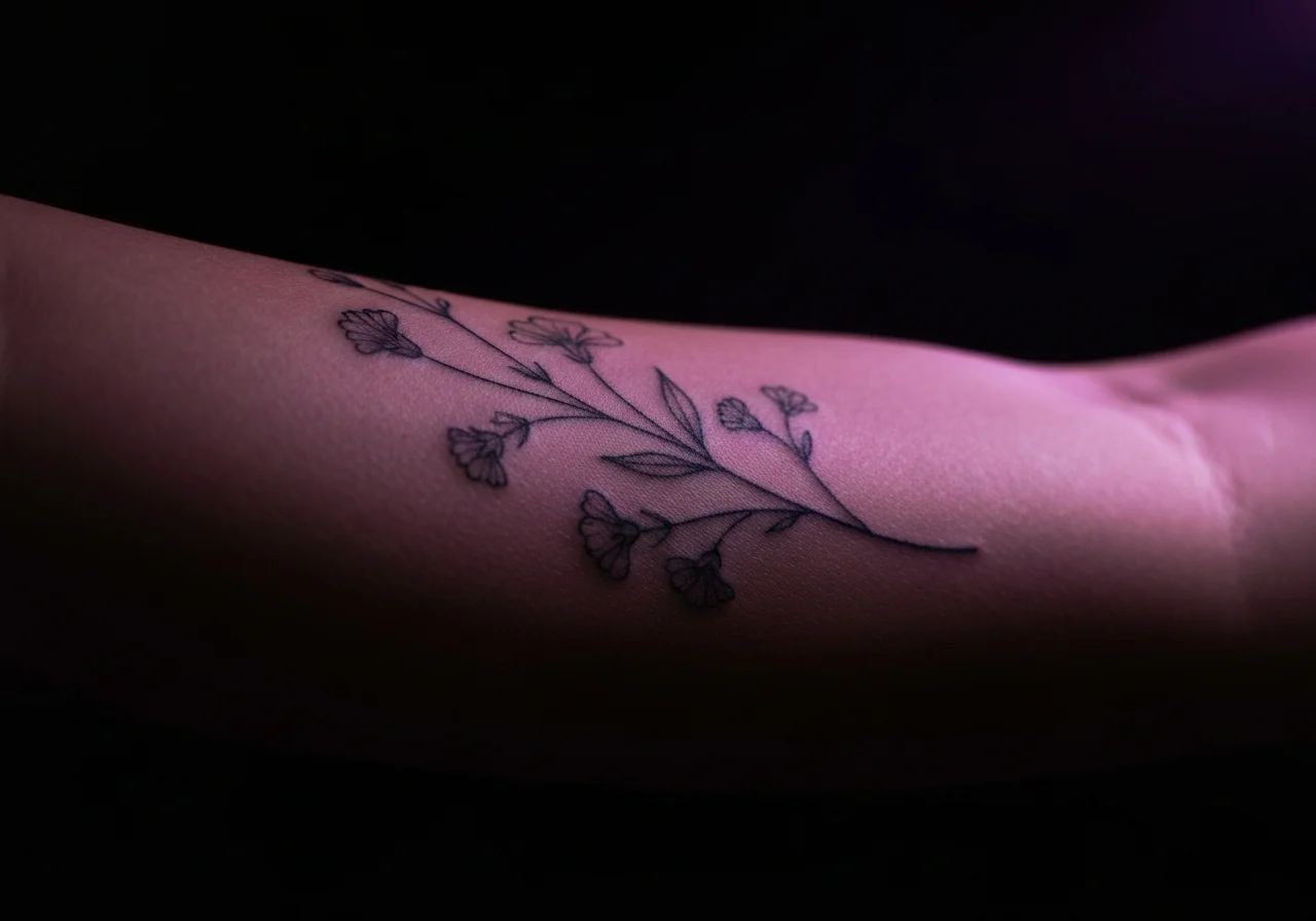 Close-up of inner forearm skin showing fine linework tattoo, dramatic side lighting, dark background