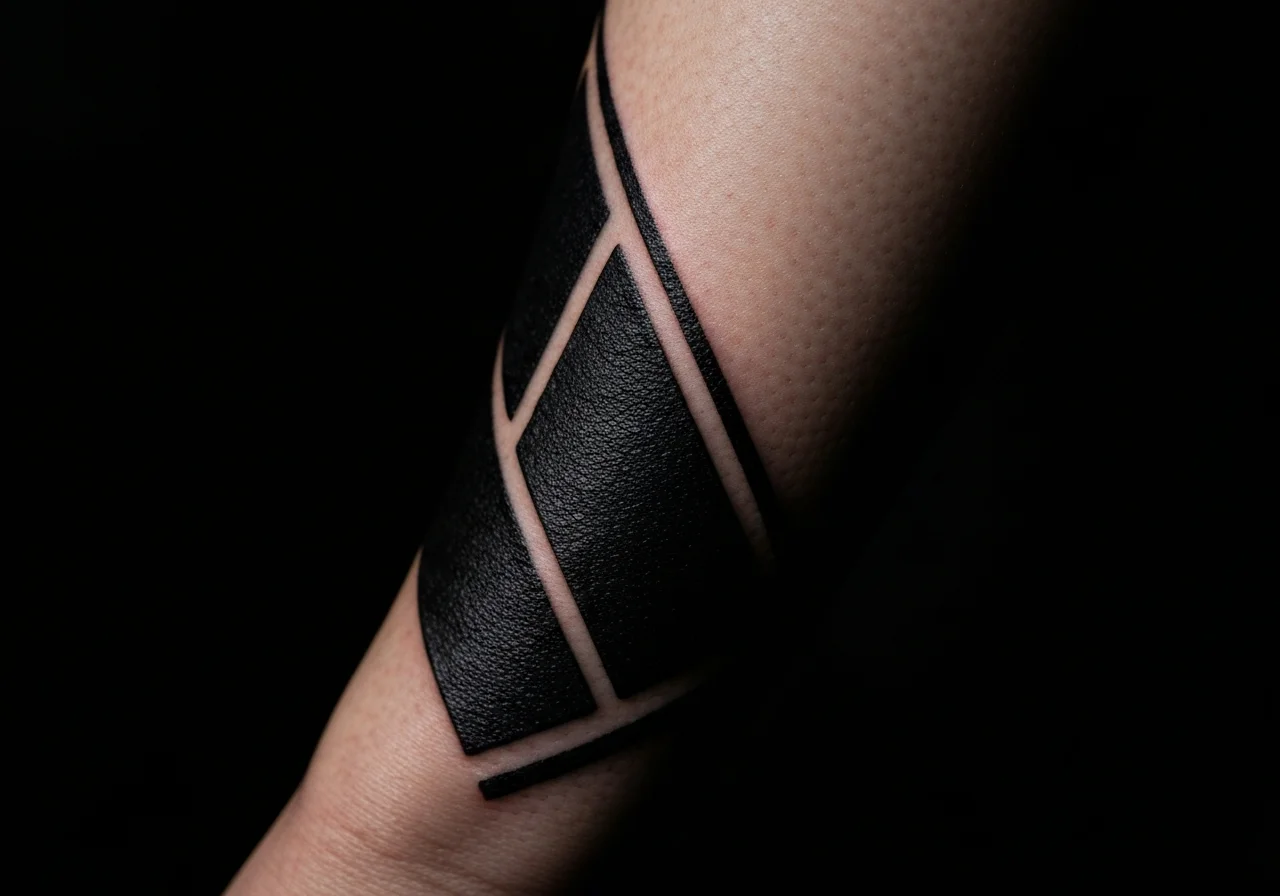 Outer forearm with bold blackwork tattoo design, dramatic rim lighting, dark studio background