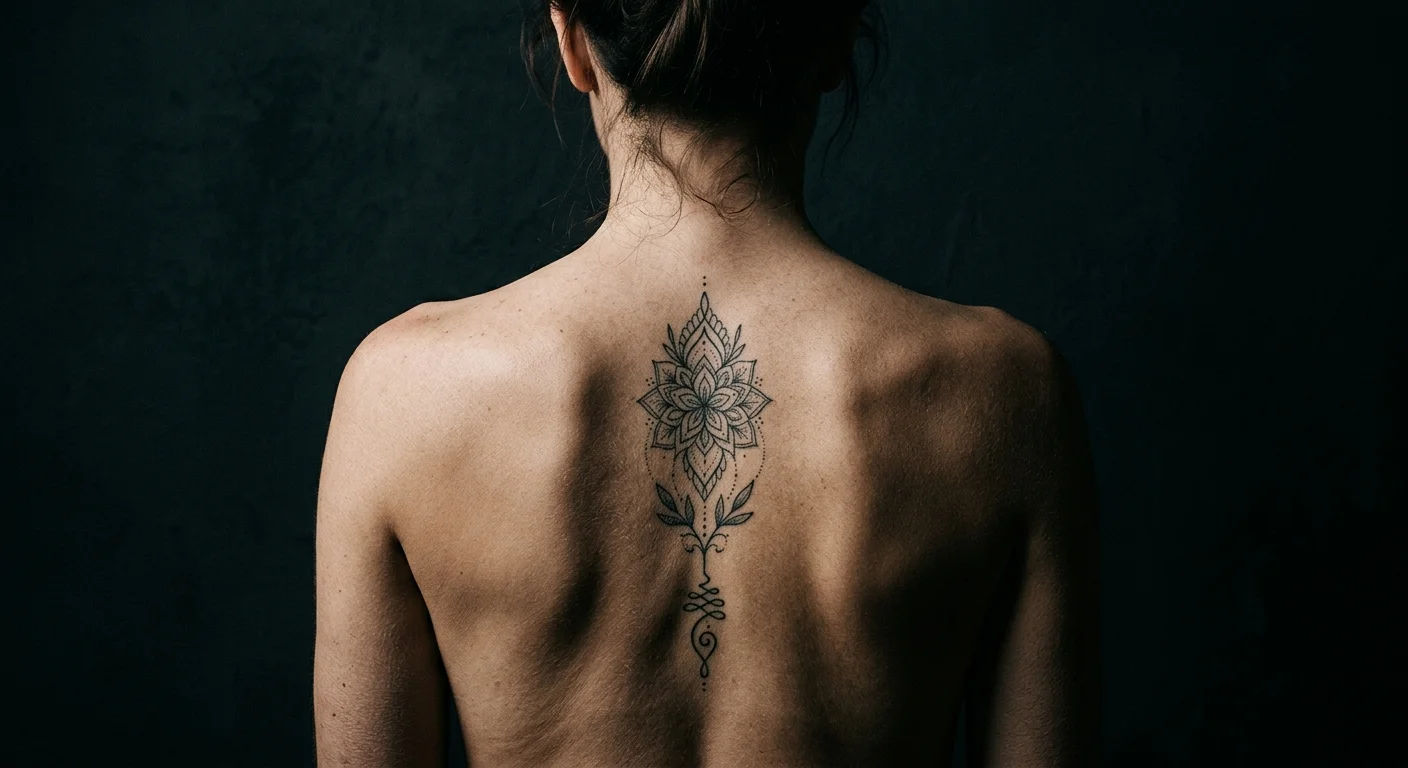 Bare upper back with symmetrical spine tattoo, dark background, rim lighting, no face visible
