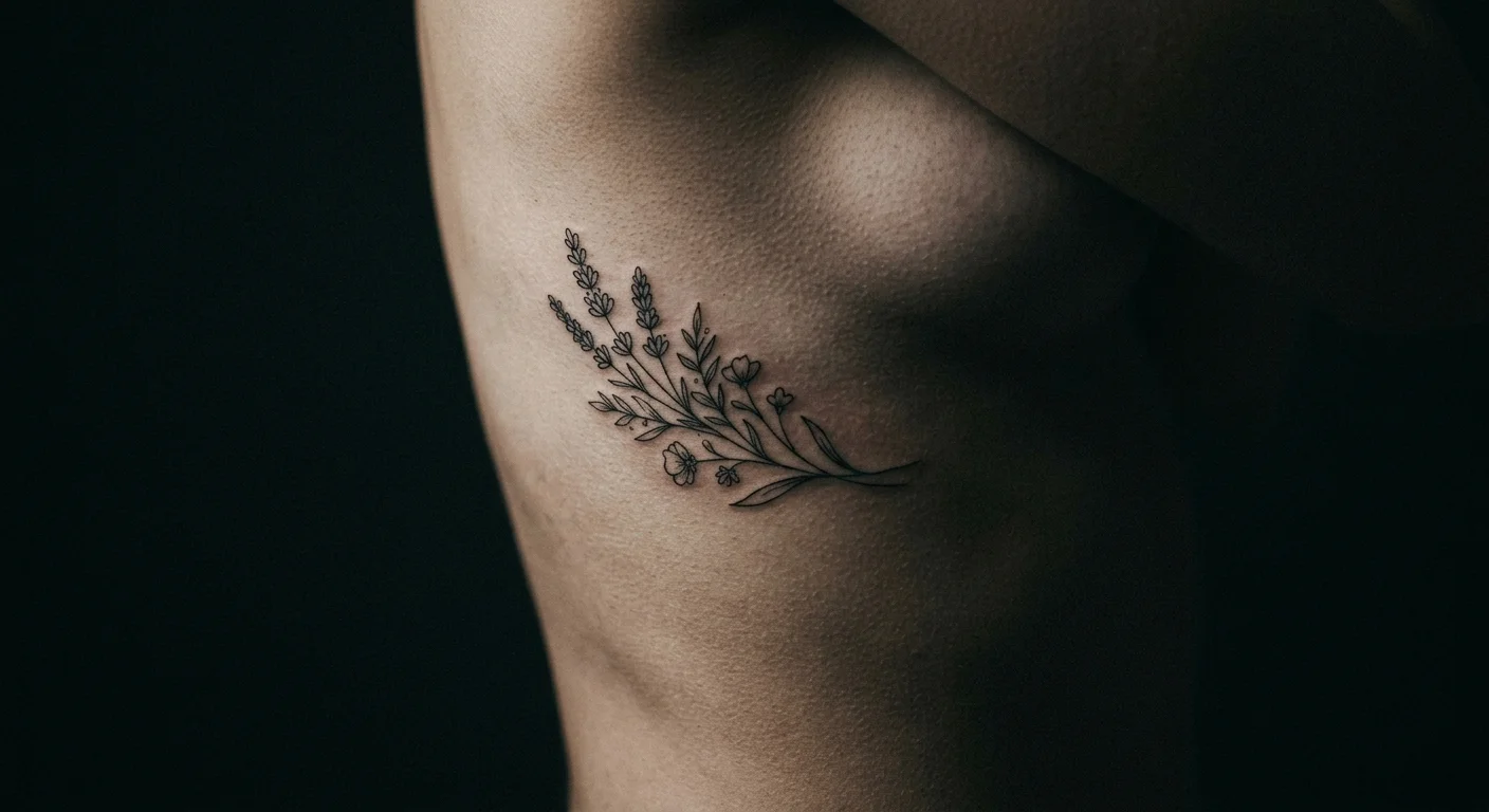 Fine-line botanical tattoo on bare ribs, dark background, dramatic side lighting, skin texture visible