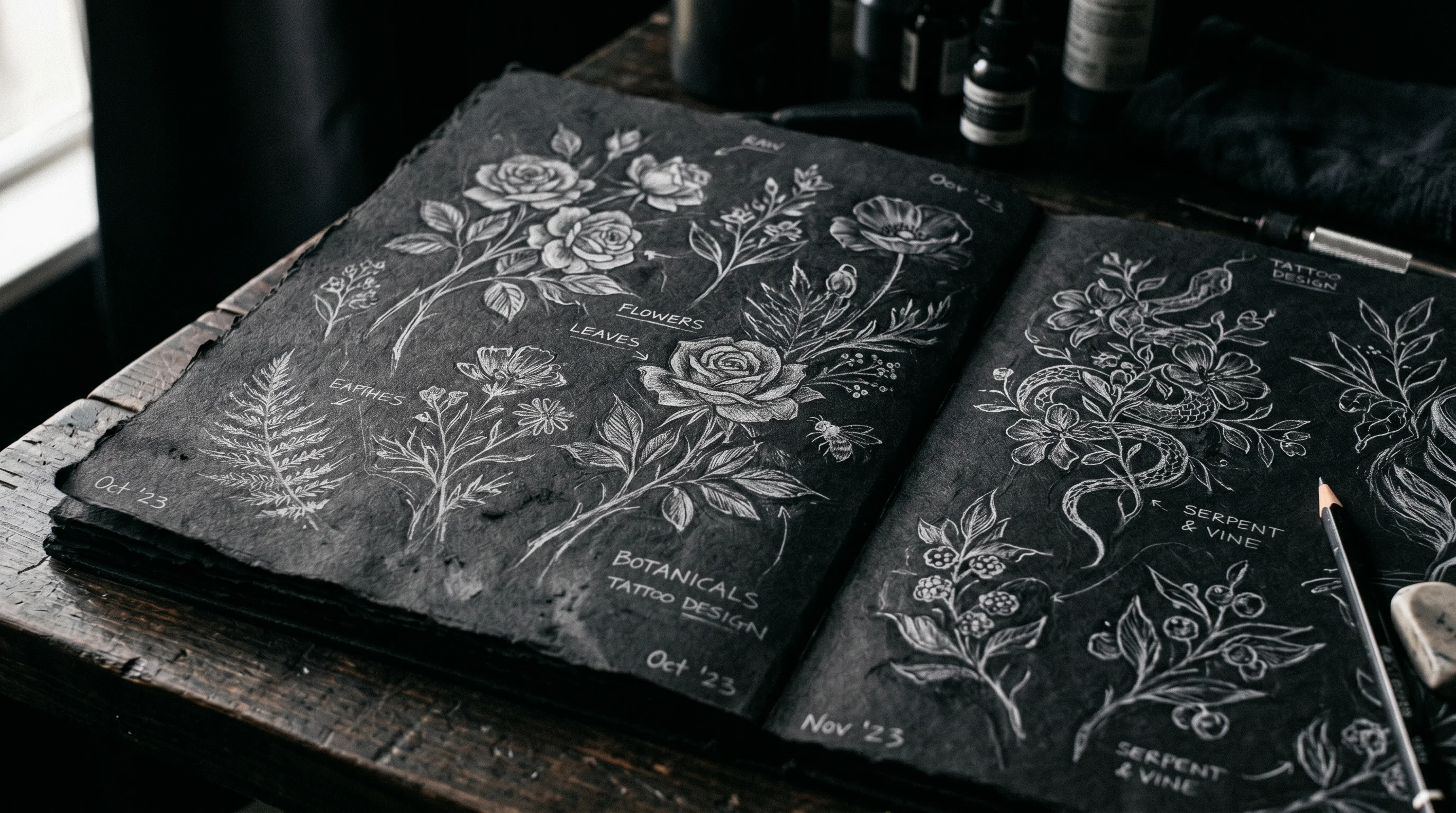 Tattoo design reference sketches on dark textured surface, hip curve placement study, dramatic rim lighting, moody dark background