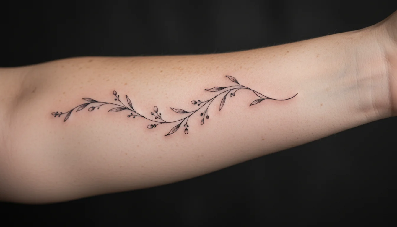 Close-up of a smartphone screen showing a tattoo preview on someone's inner forearm