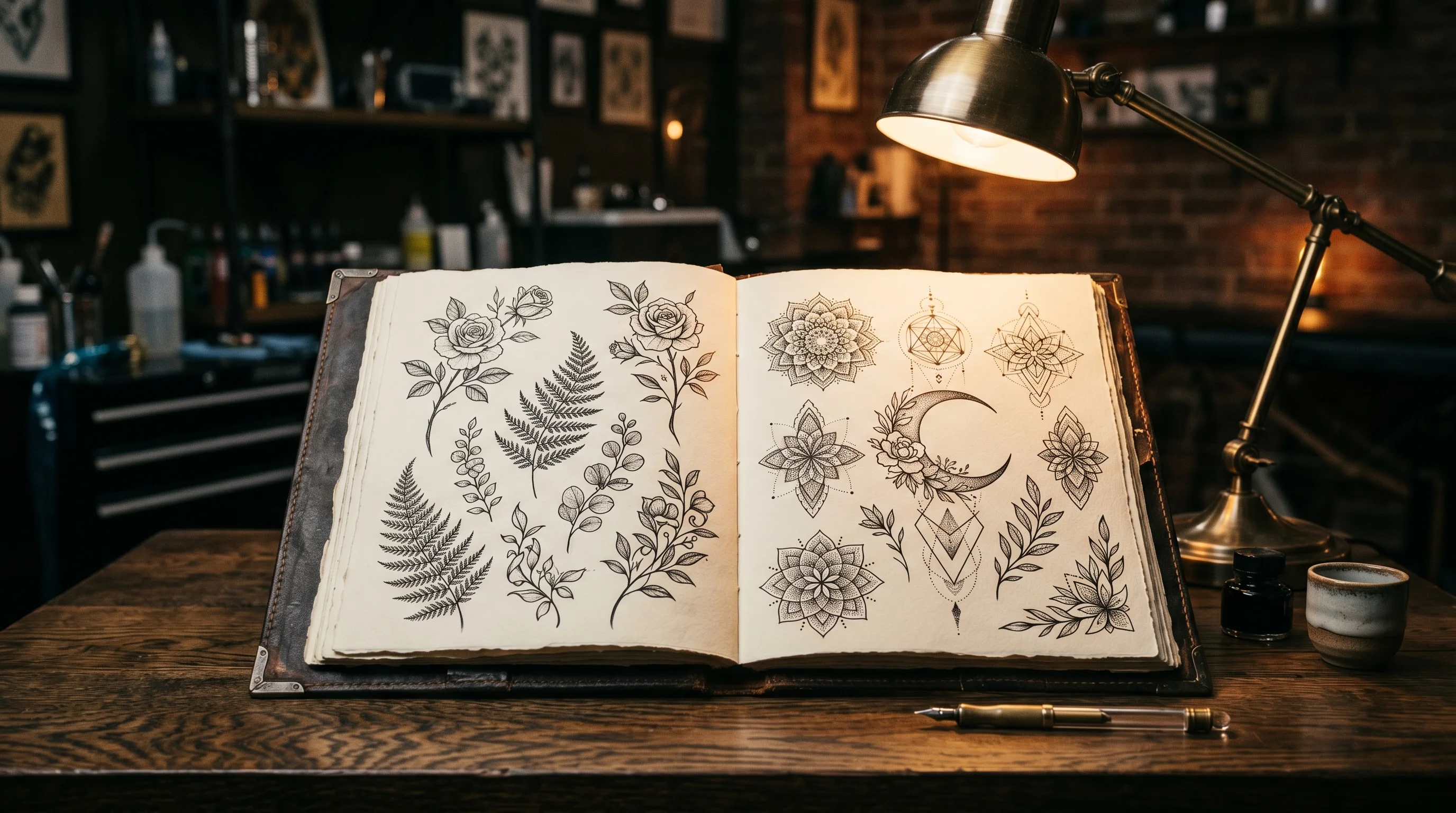 Open tattoo portfolio book resting on a dark wooden desk, spread to a page showing intricate fine-line botanical flash designs, dramatic warm studio lamp from one side, rich shadows, no hands, no faces, no text, cinematic editorial photography