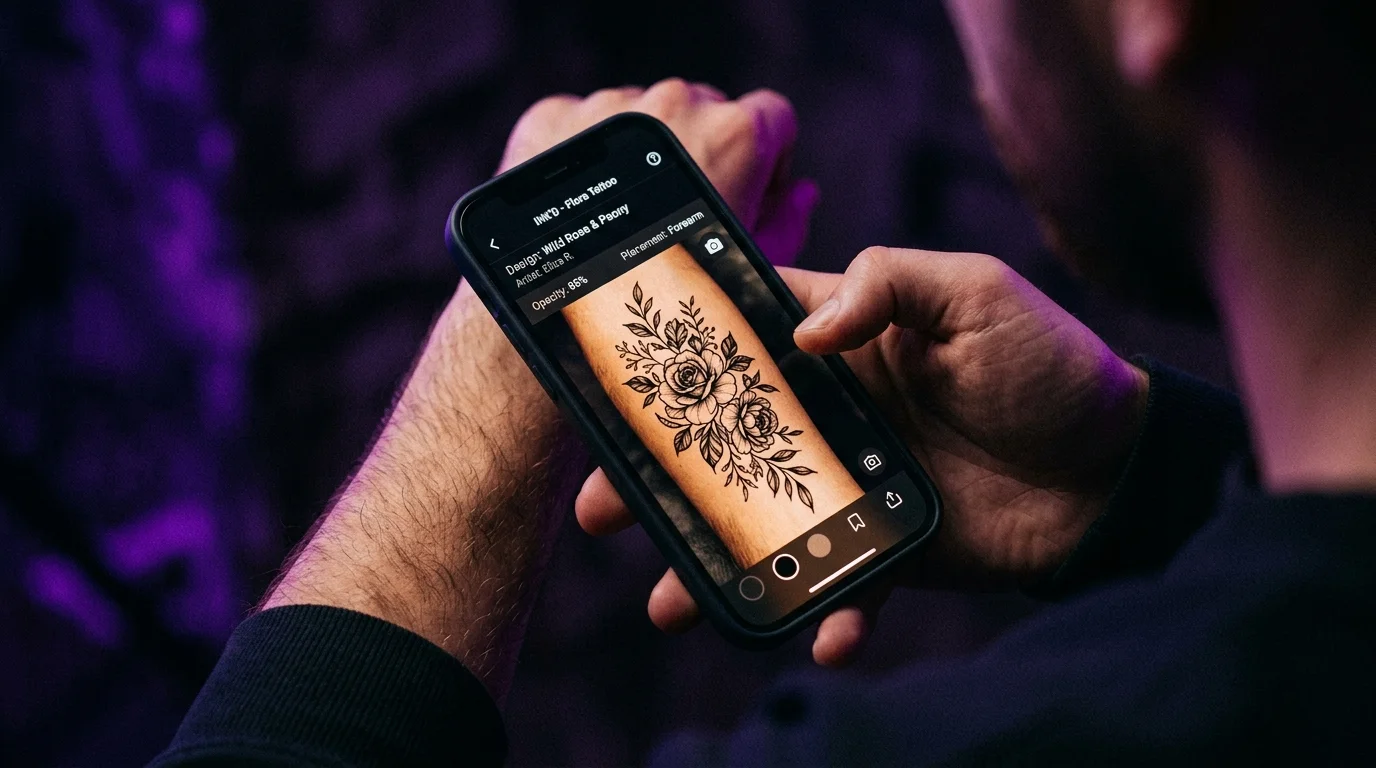 Person holding a phone showing a tattoo placement preview app in dim moody lighting