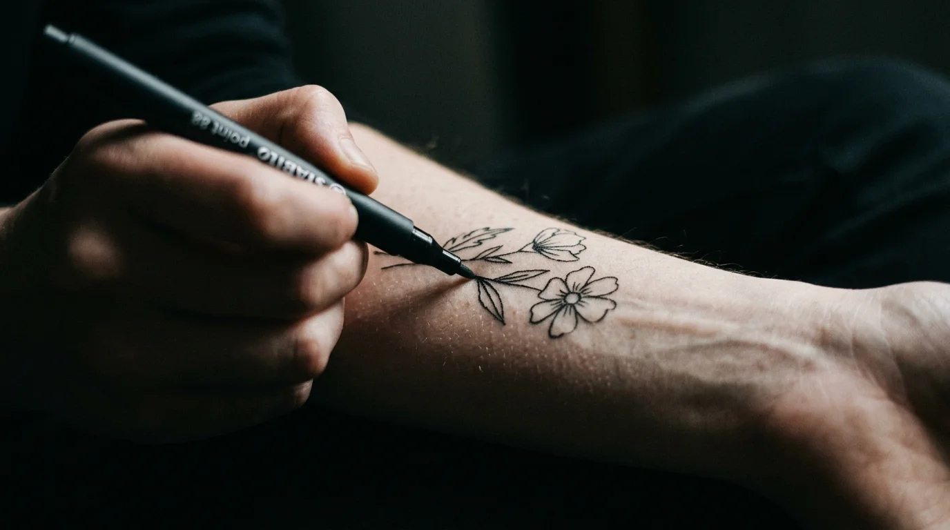 Sharpie sketch of a tattoo design drawn on skin in moody light