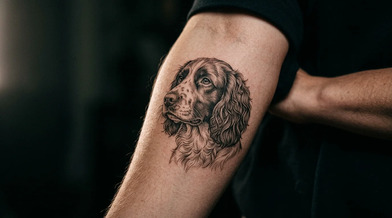 Close-up of a detailed pet portrait tattoo on forearm, fine linework, dark moody background