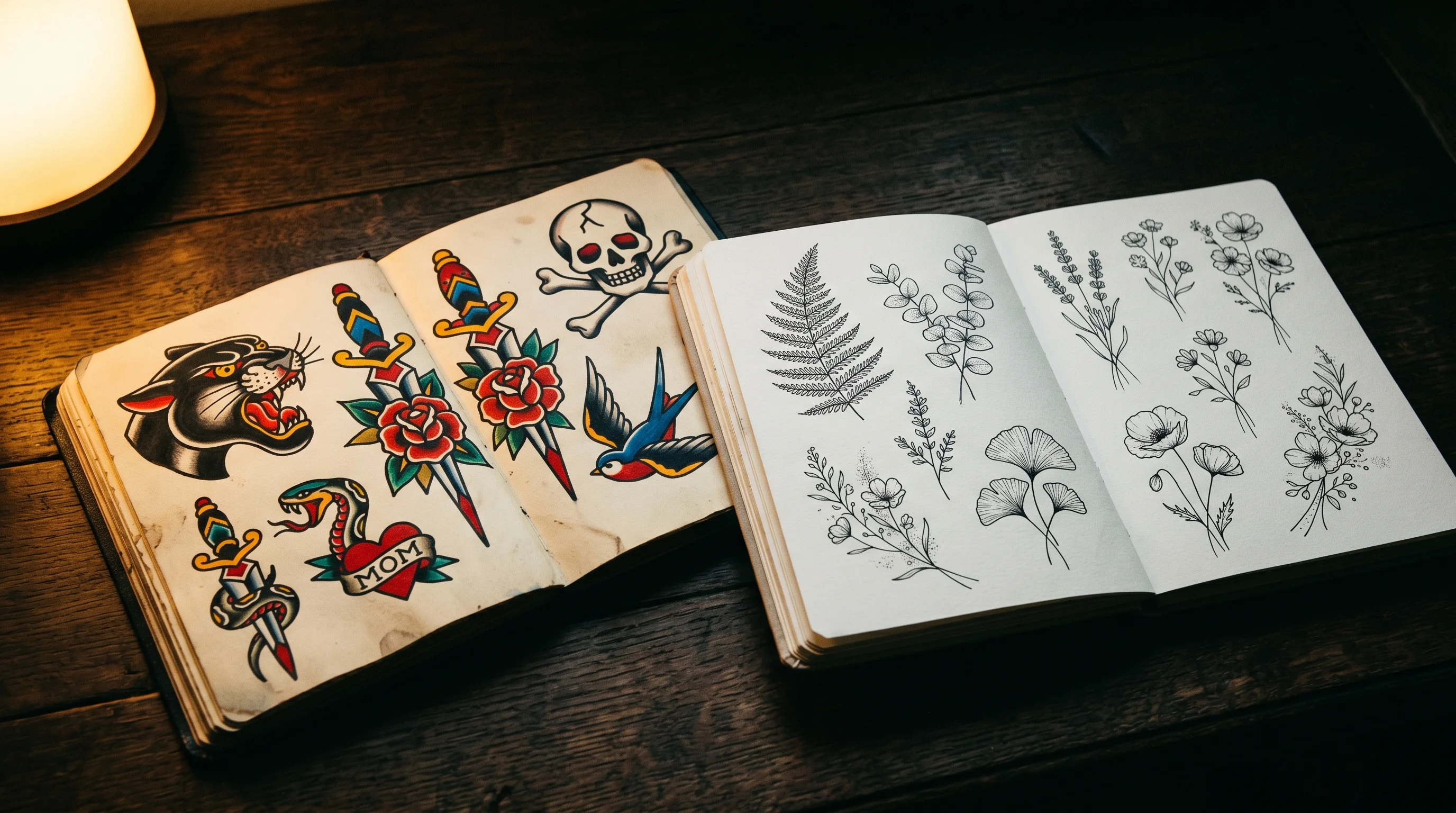 Close-up of two open sketchbooks side by side on a dark wood desk, one showing bold American traditional tattoo flash designs with thick outlines and solid fills, the other showing delicate minimalist fine-line botanical sketches, dramatic single warm lamp light, dark background, no faces, no hands, no text