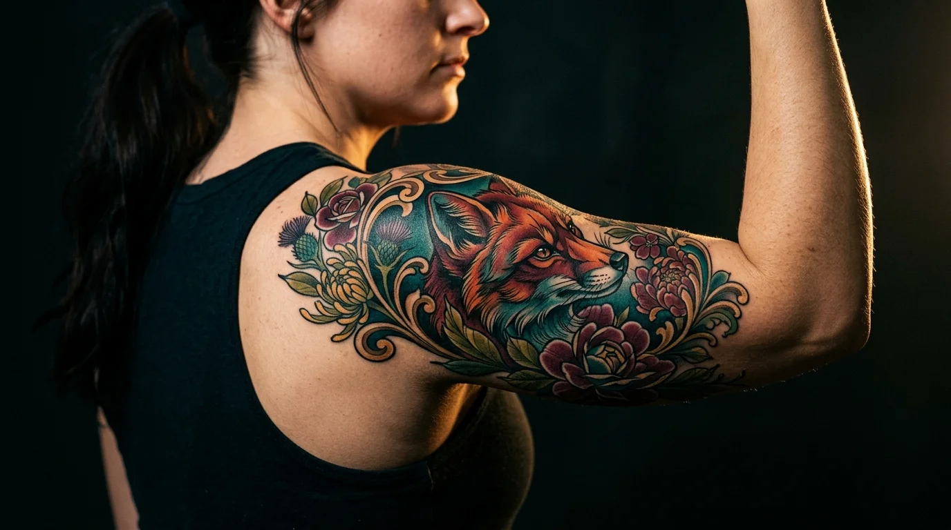 Person's upper arm and shoulder showing an elegant neo-traditional tattoo in jewel tones — a fox portrait with floral botanical surround, bold outlines, dramatic rim lighting from the right, dark studio background, editorial photography style