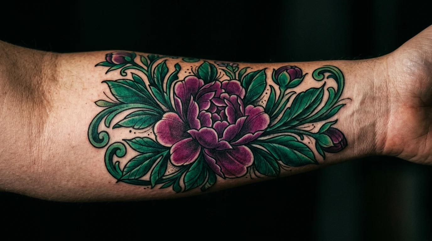 Close-up of a richly colored neo-traditional botanical tattoo on the inner forearm — jewel-toned greens and deep purples in an illustrated floral pattern, bold black outlines, dramatic side lighting, dark background, macro photography, skin texture visible