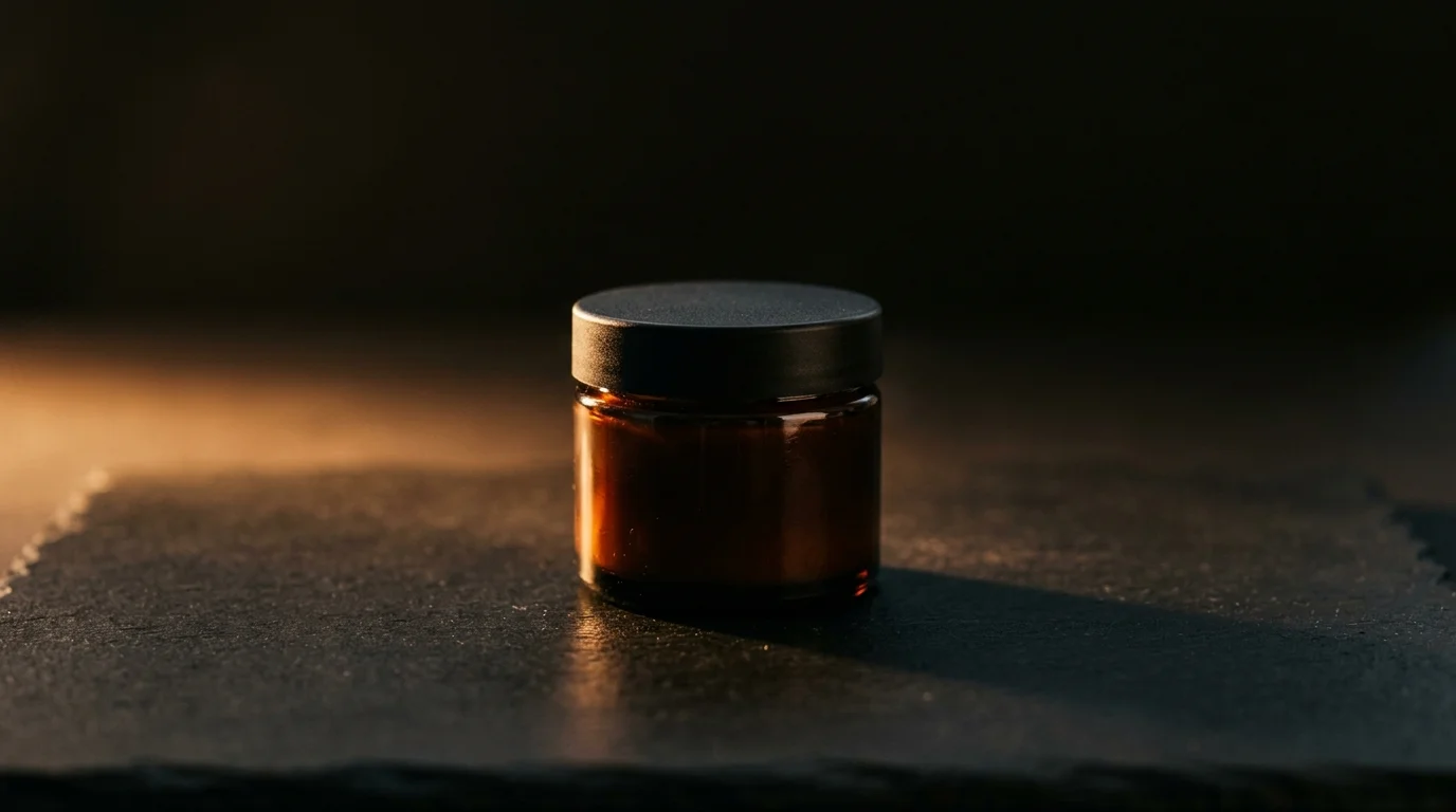 Small amber glass jar on dark matte surface, warm side lighting, moody product photography