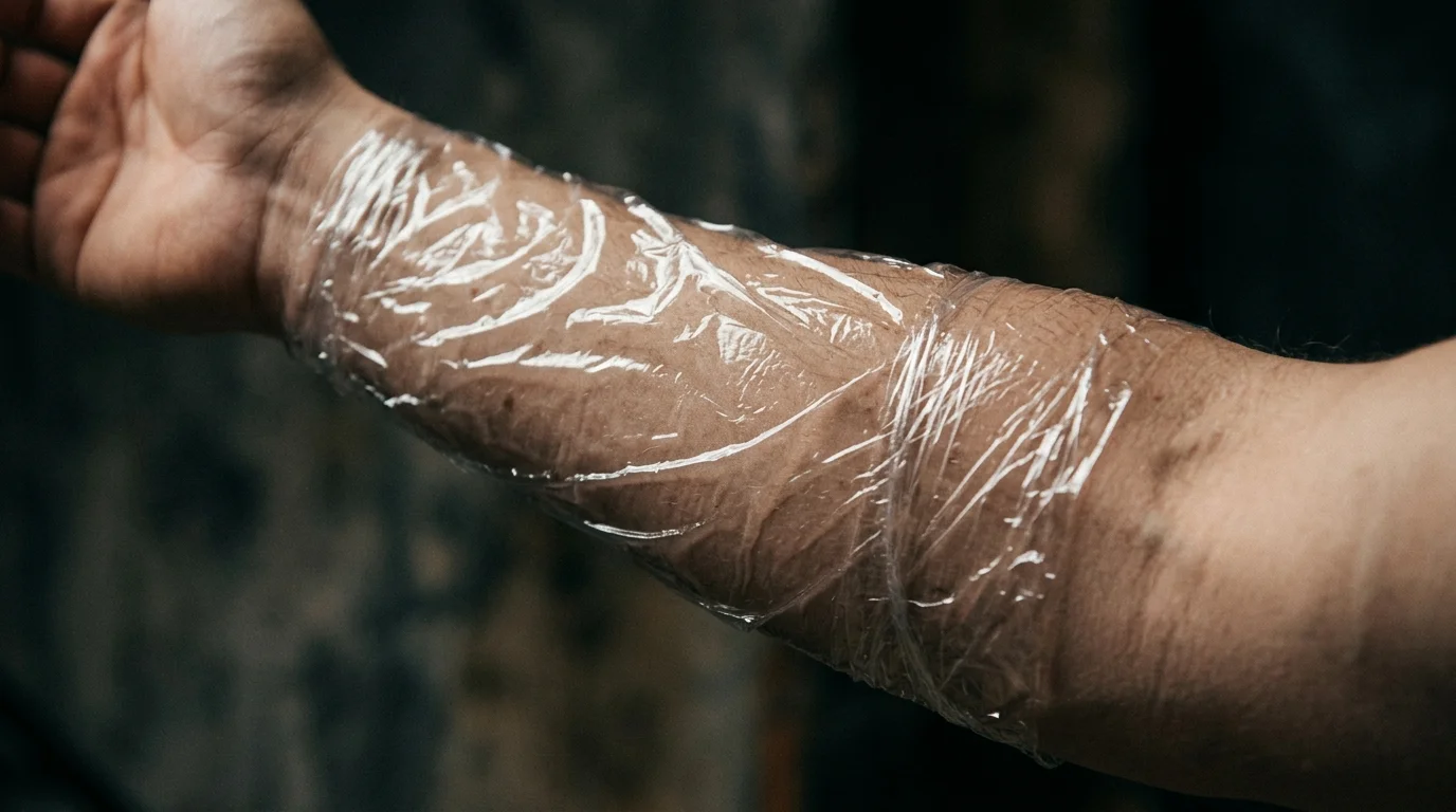 Forearm wrapped in clear cling wrap for numbing cream occlusion, dark moody background, cinematic depth of field