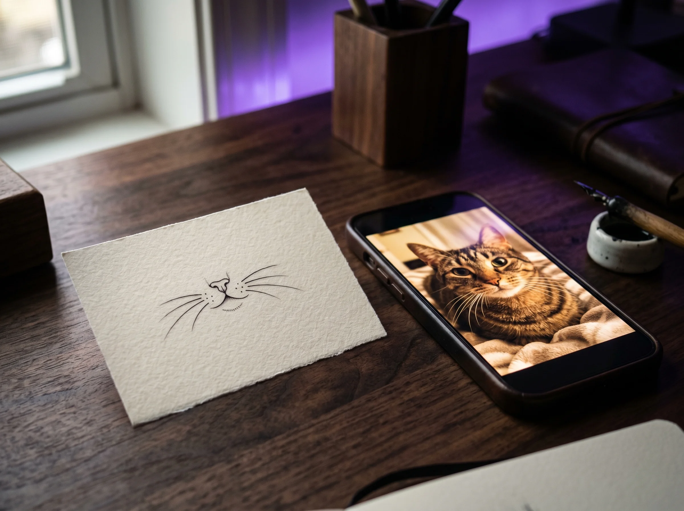 Hand-drawn cat tattoo design sketch on paper next to a phone showing the reference photo