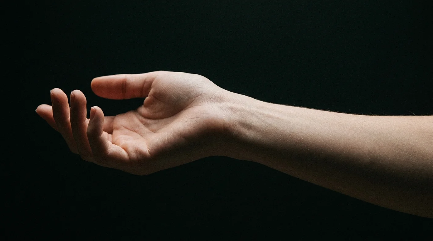 Close-up of the inner wrist and lower forearm, bare skin, dramatic side rim lighting from the left, very dark background, shallow depth of field, skin texture visible, editorial photography style