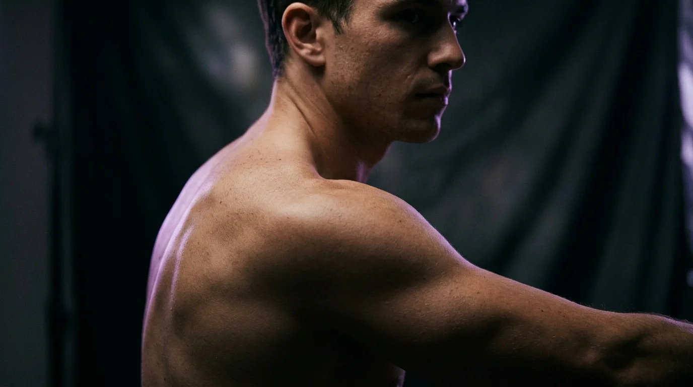 Editorial close-up of upper shoulder and deltoid in dramatic back lighting, dark moody studio environment, skin texture and muscle contour visible, no tattoo, shallow depth of field