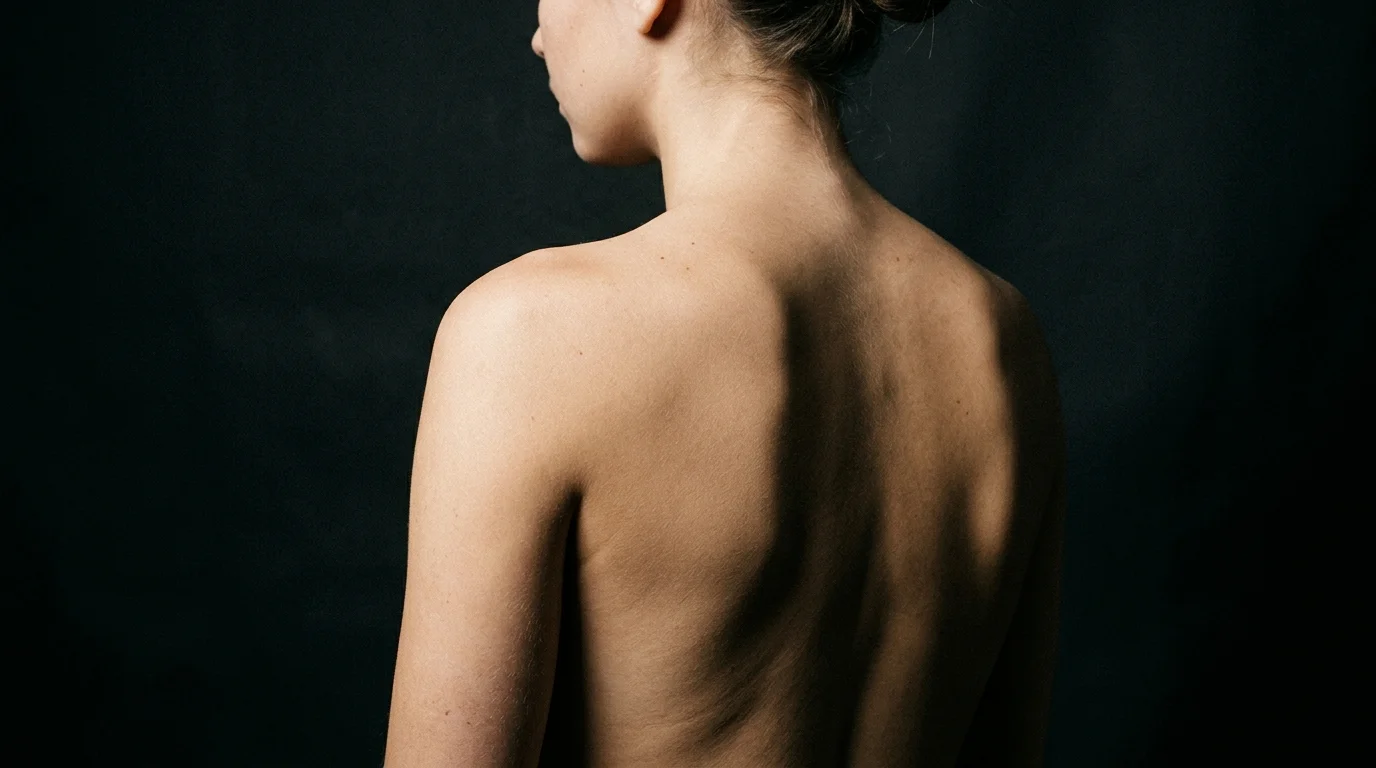 Bare shoulder and upper arm in dramatic side studio lighting, deep dark background, deltoid muscle contour highlighted, skin texture visible, no tattoo, editorial photography style, cinematic quality