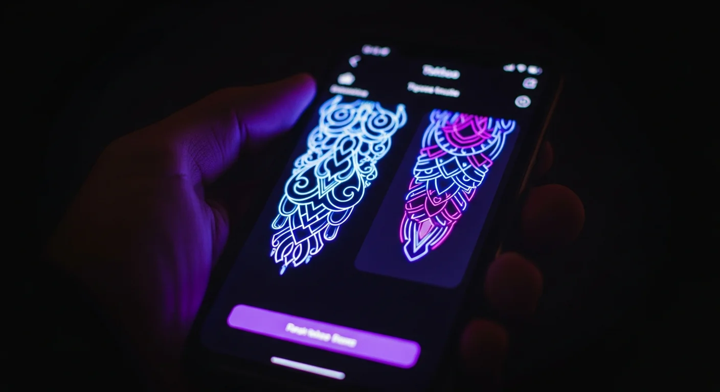 Phone displaying a tattoo preview app on dark background