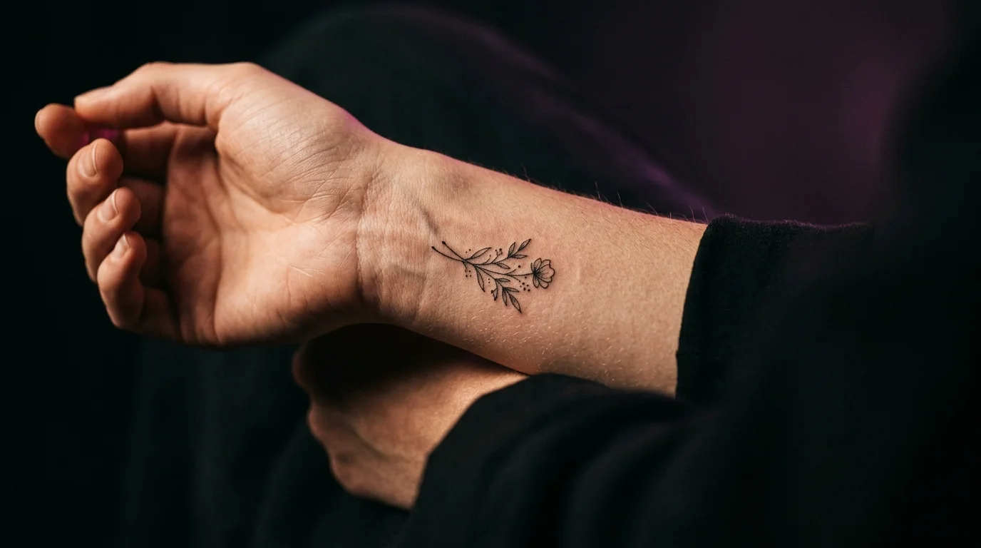 Close-up of fine-line small tattoo on inner wrist, dramatic side lighting