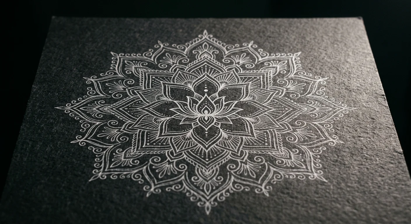 Tattoo design reference sketch on dark textured surface, dramatic rim lighting, moody dark background, close-up detail of symmetrical ornamental pattern lines