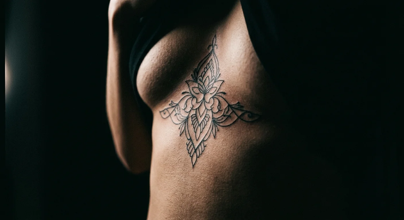 Close-up of bare sternum skin, delicate symmetrical ornamental tattoo lines, dramatic side rim lighting, very dark background, macro editorial photography