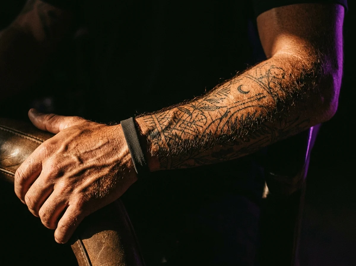 Close-up of tattooed forearm skin in dramatic side lighting, dark background, skin texture visible with fine-line tattoo detail, long shadows suggesting sun exposure