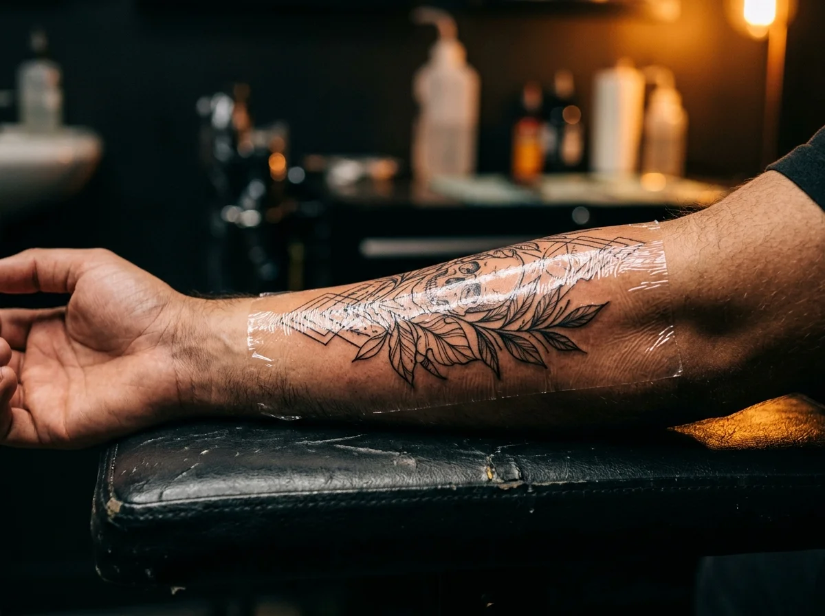 Tattoo artist applying clear bandage wrap over fresh tattoo on forearm in dark studio, warm amber accent light, focused professional hands, cinematic shallow depth of field