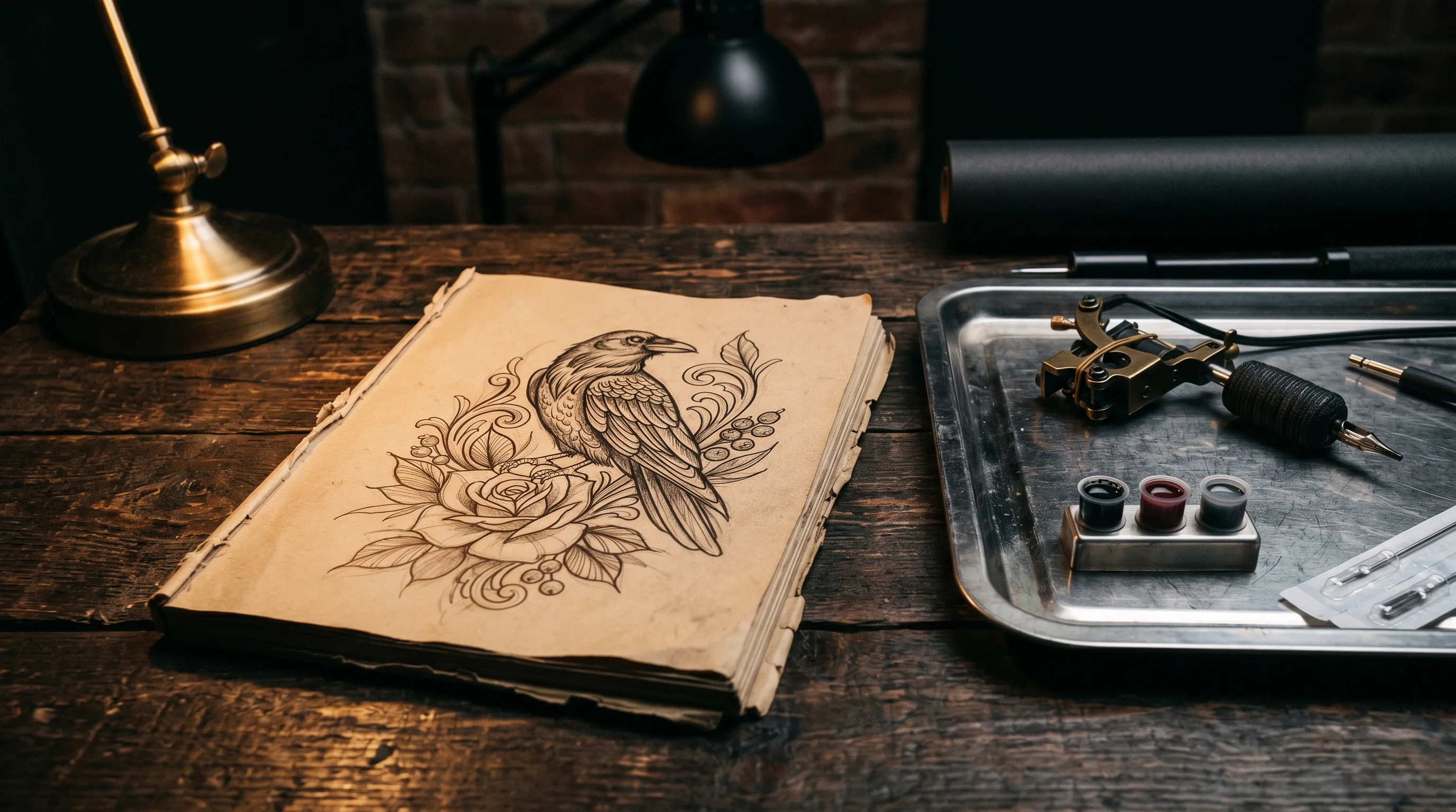 Tattoo consultation setup: sketchbook open to a design sketch, ink cups and tattoo machine on a metal tray, dark wooden desk surface, warm studio lamp from one side, dark atmospheric background, cinematic editorial photography, no hands, no faces, no text