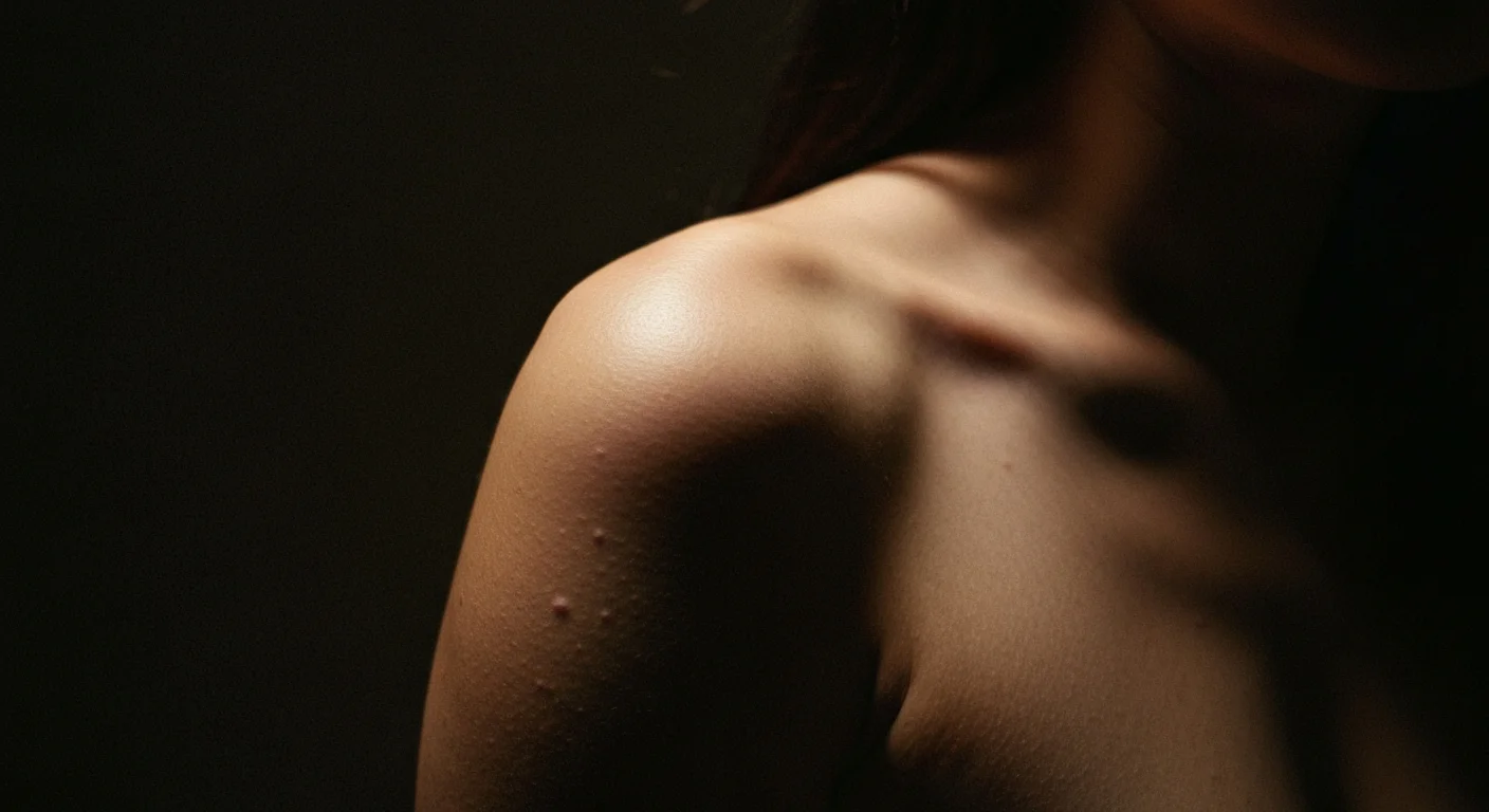 Close-up of shoulder skin showing natural muscle contour, dramatic rim lighting