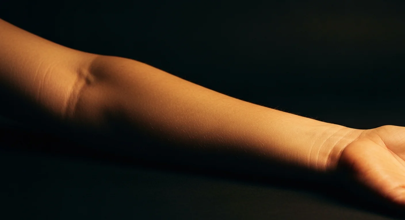 Bare forearm in dramatic side lighting, dark background