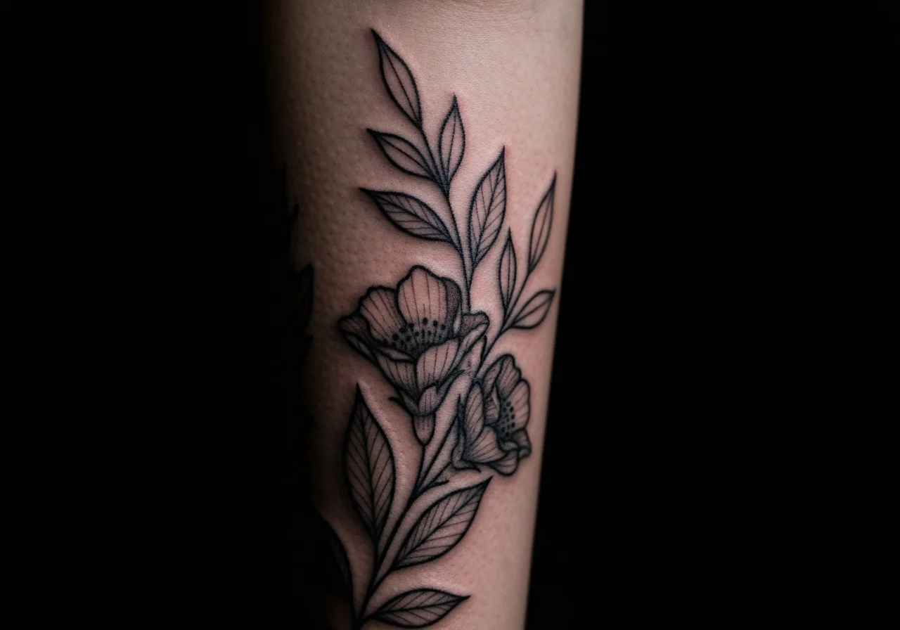 Close-up of a detailed fine-line tattoo on an inner forearm, dramatic side lighting, dark background, showing ink detail on skin texture