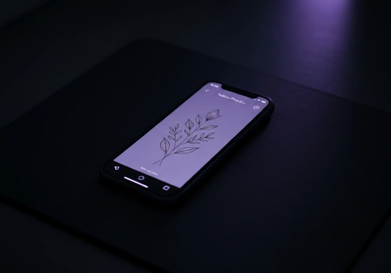 Smartphone on a dark surface showing a tattoo design app, purple glow from the screen, moody cinematic lighting
