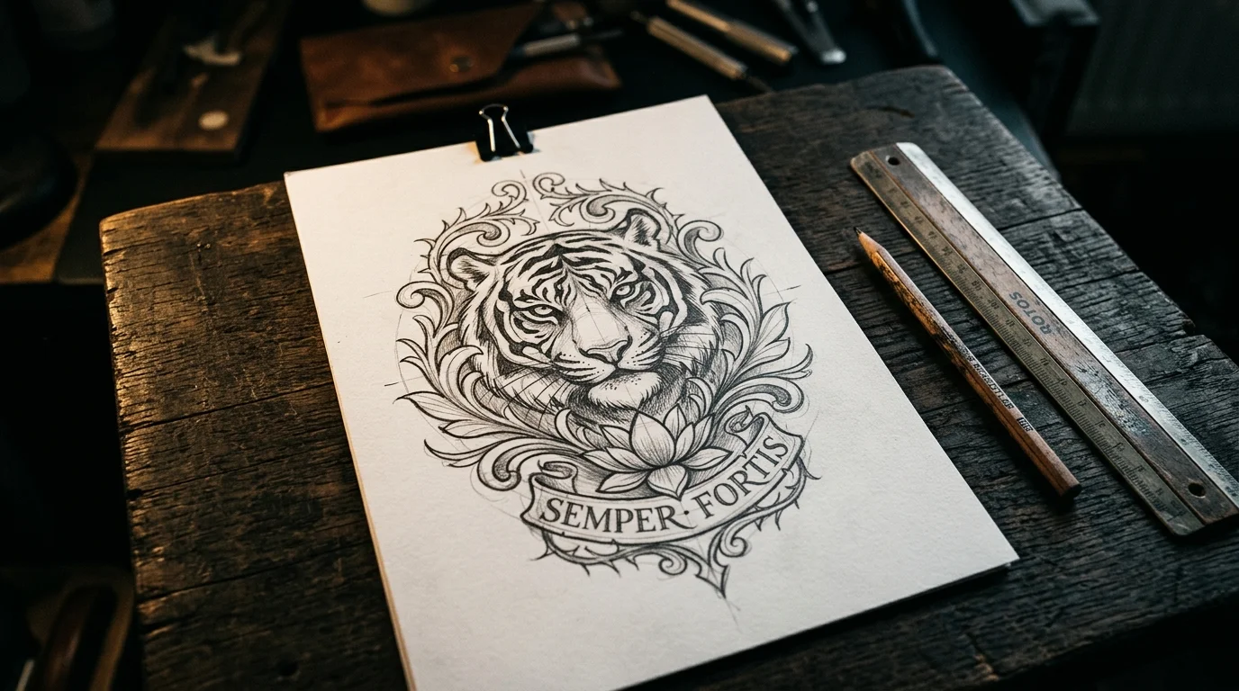 Tattoo design sketch on paper with pencil and ruler, dramatic rim lighting, dark moody background, cinematic mood