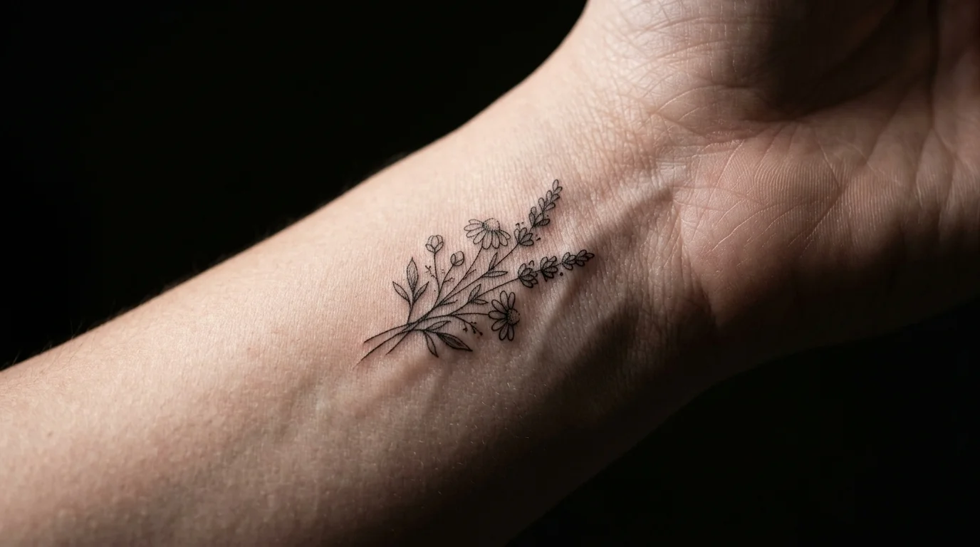 Close-up of fine-line botanical tattoo on inner wrist, dramatic side lighting, dark background, skin texture visible, cinematic depth of field
