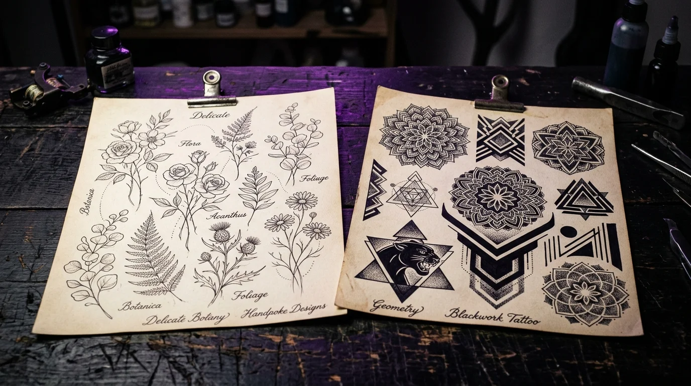 Multiple tattoo style reference examples arranged dramatically — fine linework botanical, bold traditional blackwork, geometric design — on a dark editorial surface with dramatic rim lighting, purple accent tones, cinematic depth