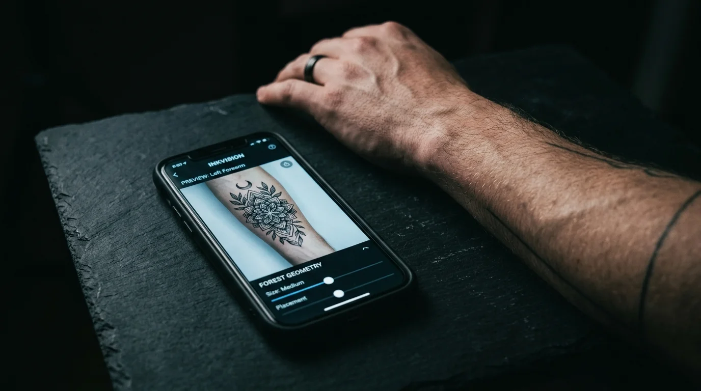 Close-up of a smartphone screen showing a tattoo preview app interface with a design placed on an arm