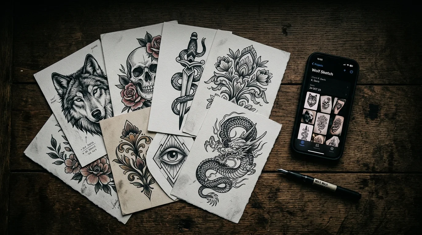Dark editorial flat lay showing tattoo reference prints and a phone with a design preview on screen